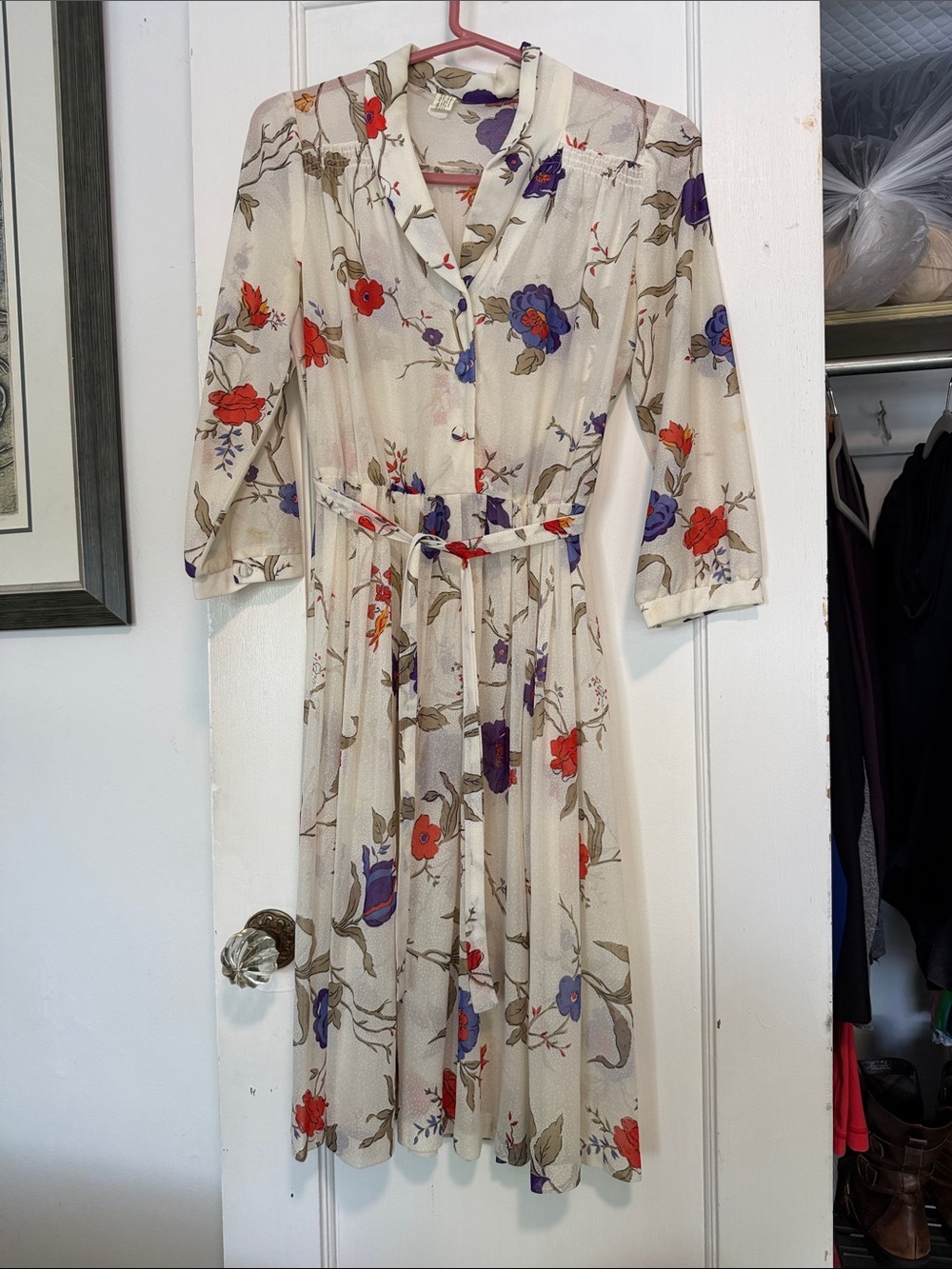 Vintage 70s SHEER Floral Midi Shirt Dress Cream Purple Retro Layering